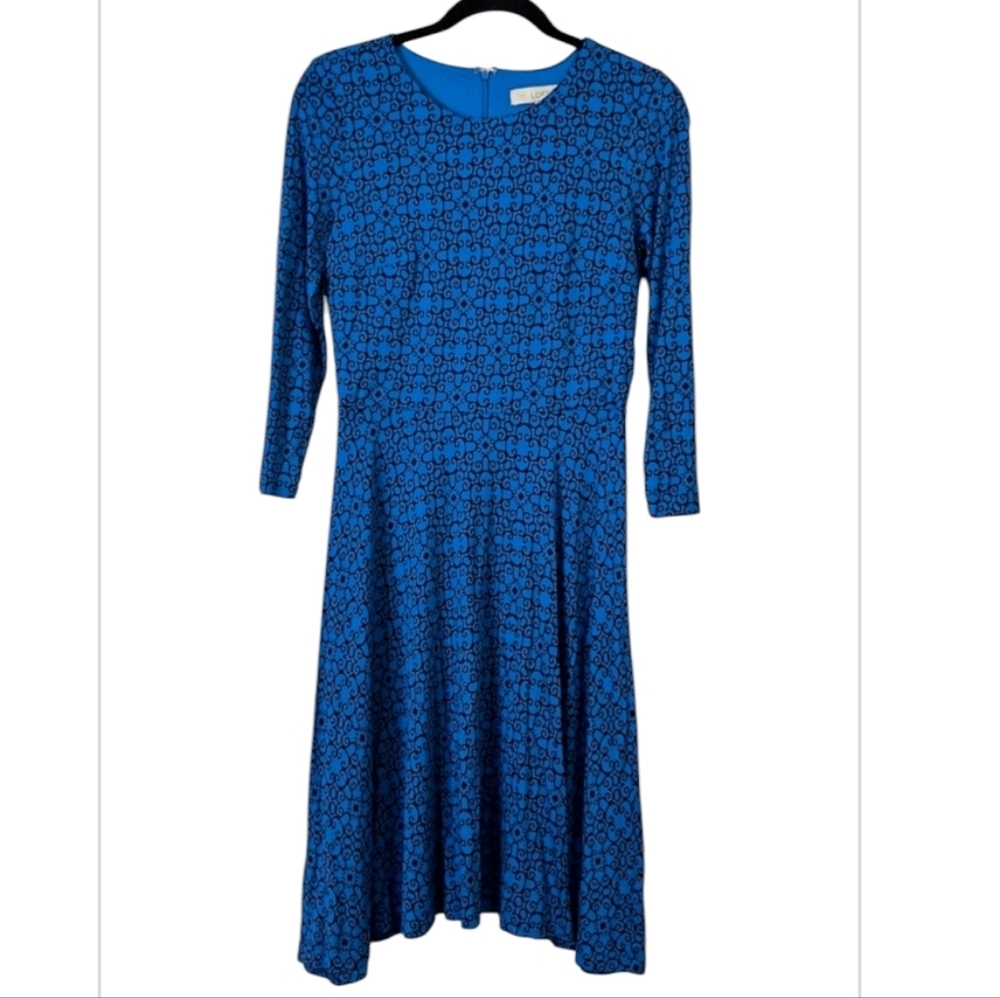 LOFT Black Blue Patterned Long Sleeve Zip Back Swing Dress